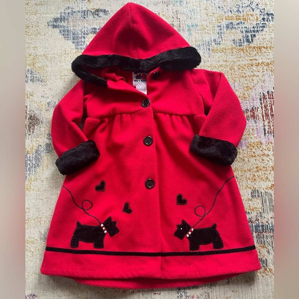 Pete’s Partner Girls Scottish Terrier Red Coat With Faux Black Fur Trim Size 4​